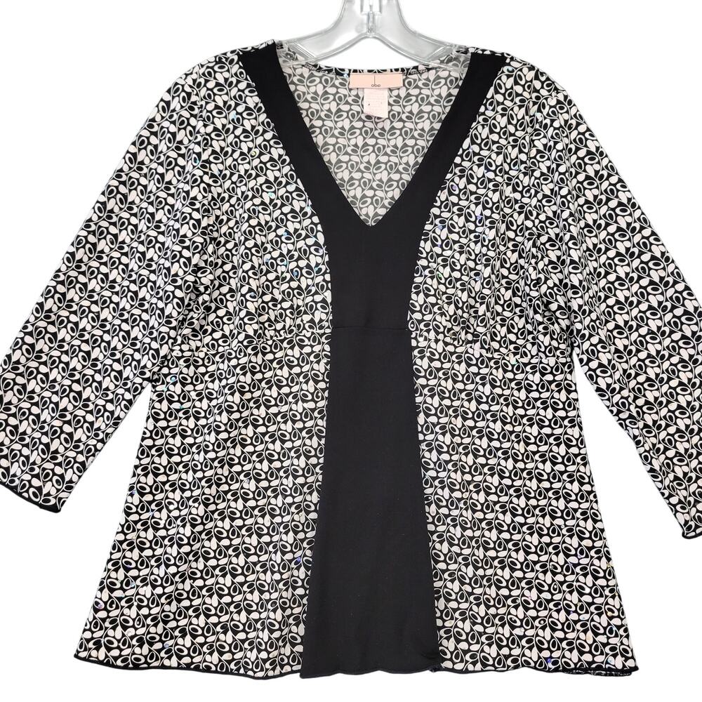 Obe Black Preppy Sequin Shirt V-Neck 3/4 Sleeves Classic USA Made Womens Size L
